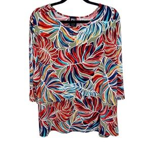 Pure Essence Top Womens XL Art To Wear Leaf Print Lagenlook Tropical Stretch